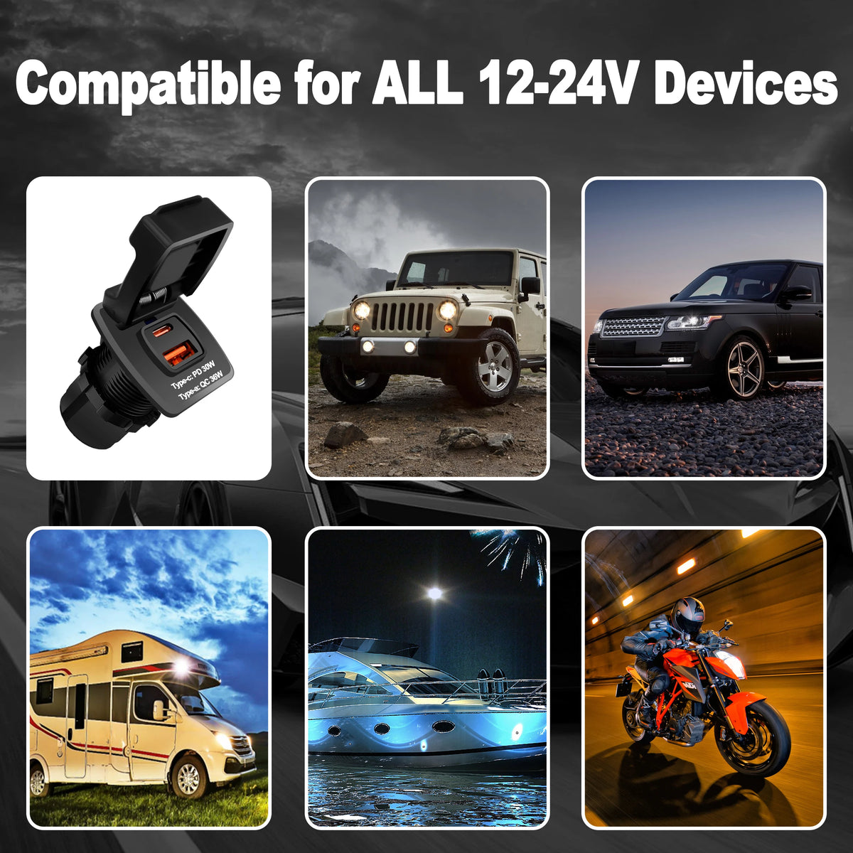 Dual USB Type C Quick Charger 12V-24V Power Socket Adapter USB-C& USB-A Outlet Waterproof Car Boat Truck Motorcyle Accessories