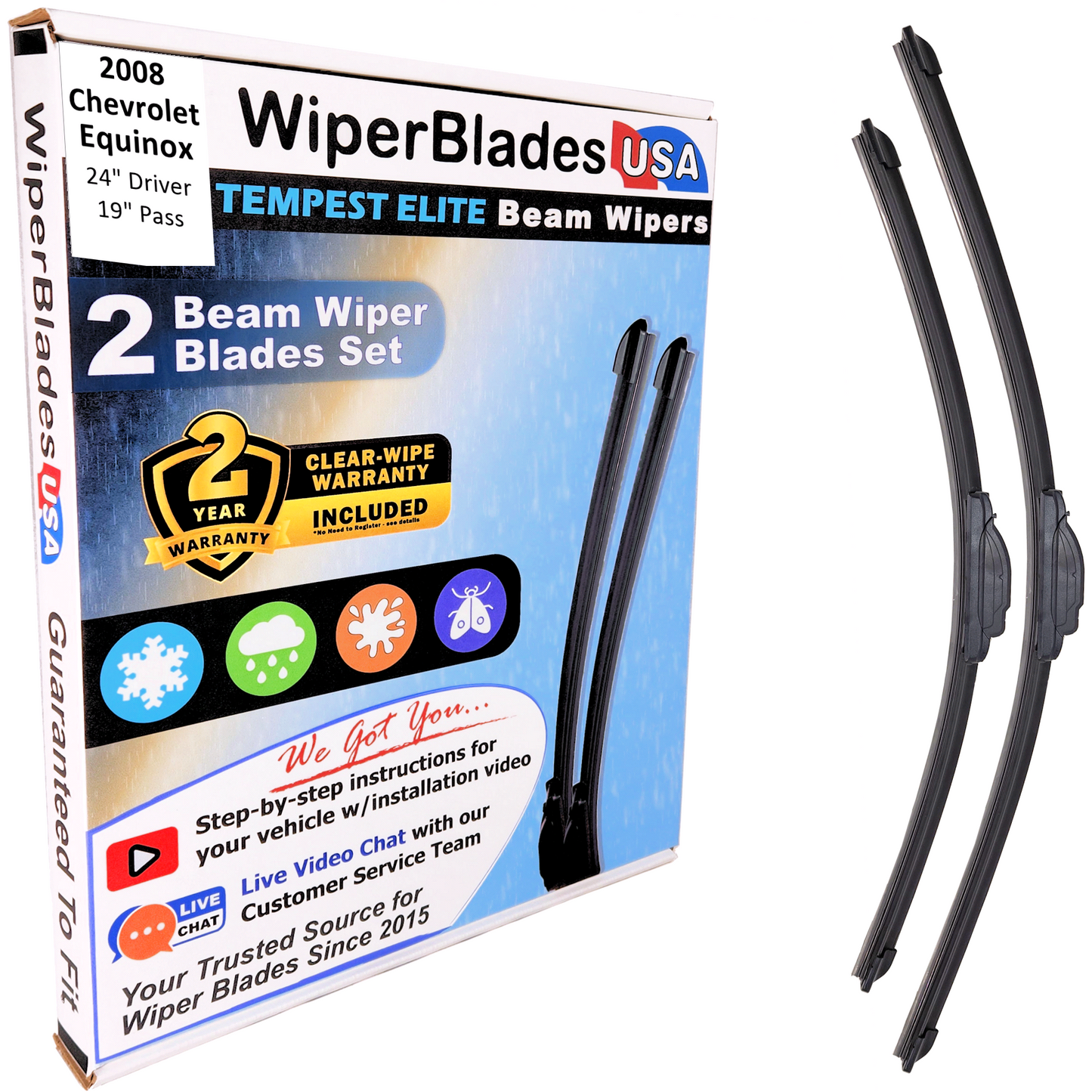 2008 Chevrolet Equinox Wiper Blades w/2yr Wear Warranty (Set of 2) Beam Wipers