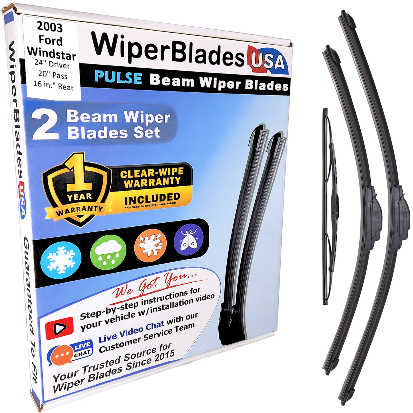 2003 Ford Windstar Wiper Blades w/1yr Wear Warranty (Set of 3) w/Rear Wipers-0