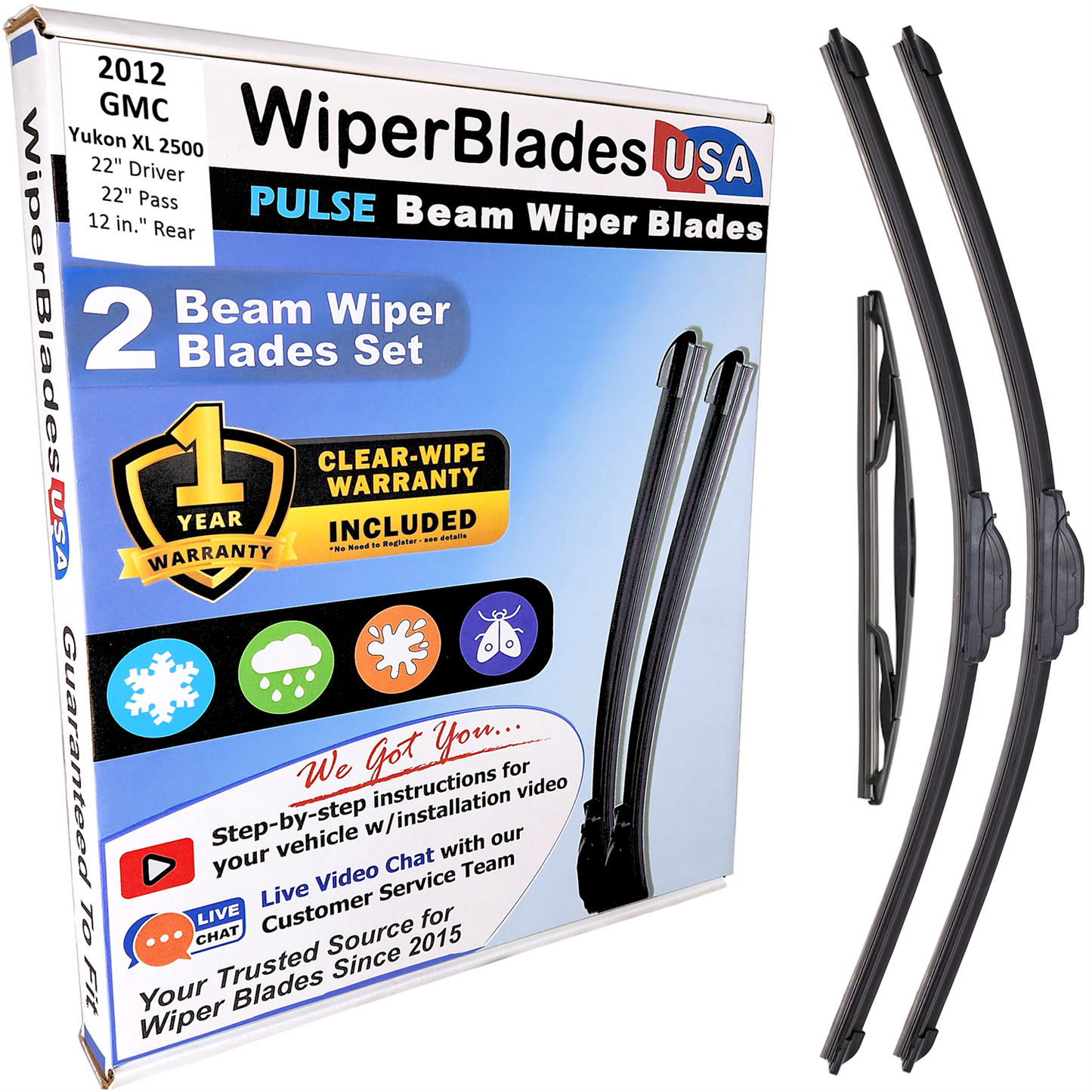 2012 GMC Yukon XL 2500 Wiper Blades w/1yr Wear Warranty (Set of 3) w/Rear Wipers
