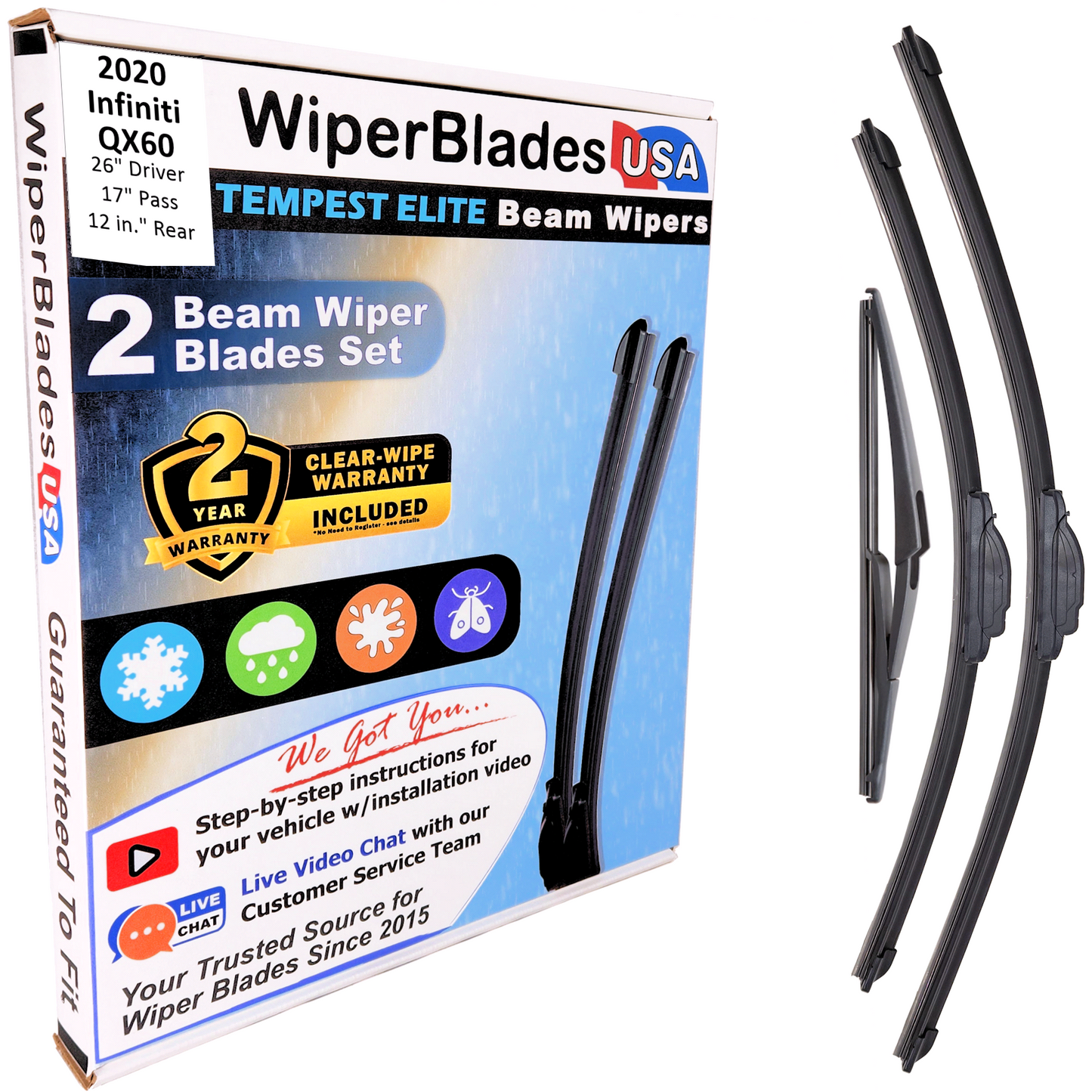 2020 Infiniti QX60 Wiper Blades w/2yr Wear Warranty (Set of 3) w/Rear Wipers