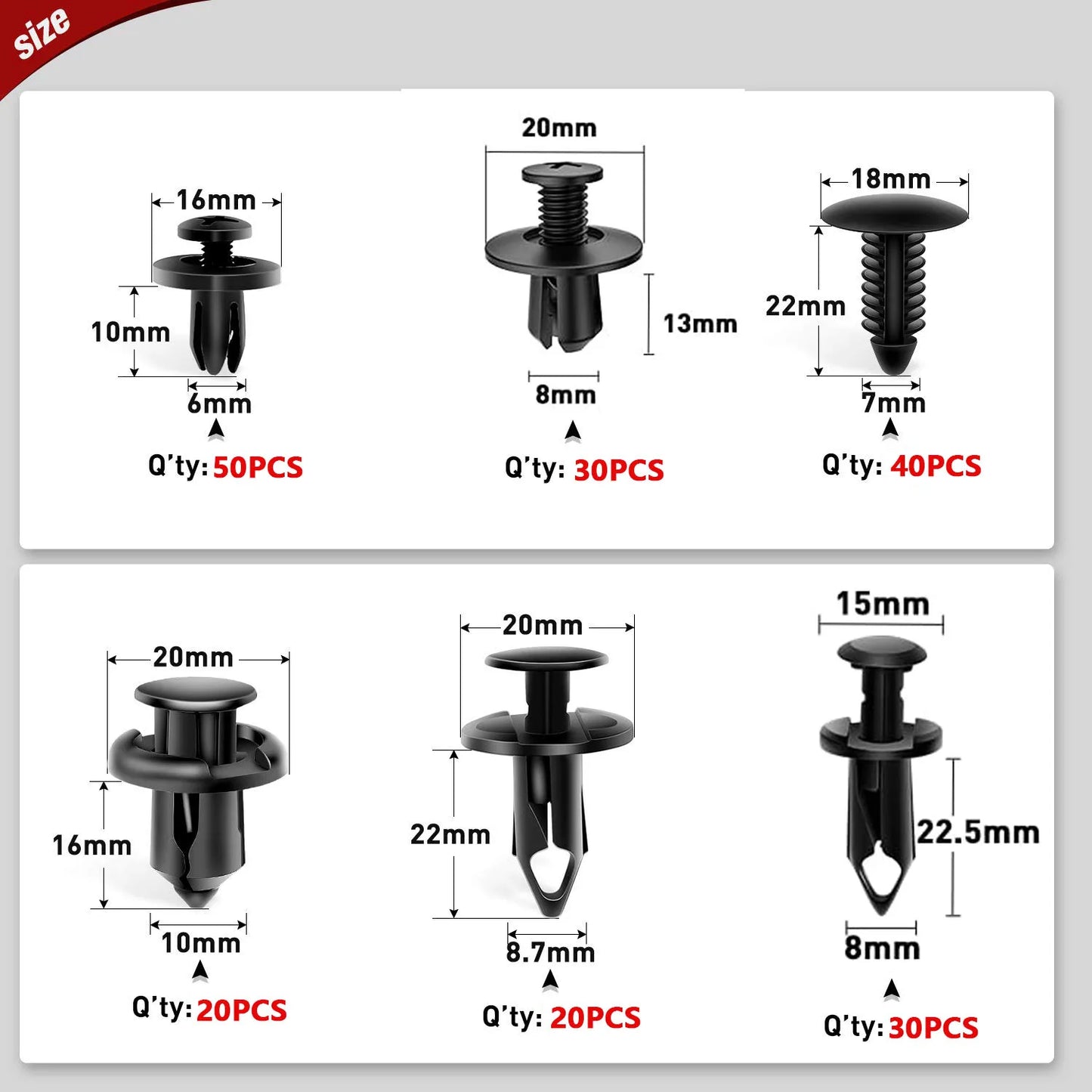 Bagged Set of 190 Pcs Car Universal Buckles 6 Models Size Fastener Rivet Clamping Fastener Buckle Car Accessory Abs Material Fixed Screw